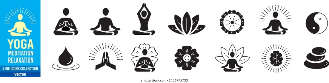 Meditation Practice Yoga and Zen icons set. Relaxation Inner Peace Self-knowledge Inner Concentration Editable Stroke Line icons collection Vector.