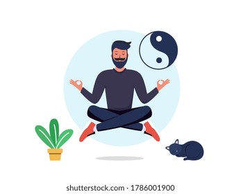 Meditación, Practicar Yoga. Ilustración vectorial. 