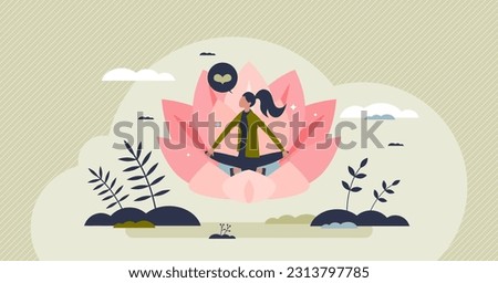 Meditation process with calm and relaxing mental practice tiny person concept. Mind and body harmony with peace balance vector illustration. Breathing technique for mindfulness or self awareness yoga