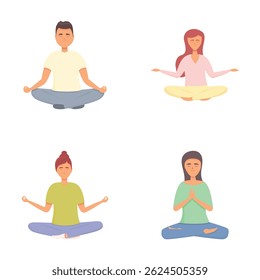 Ícones do processo de meditação definem o vetor de desenho animado. Pessoas em postura de lótus de ioga. Harmonia emocional