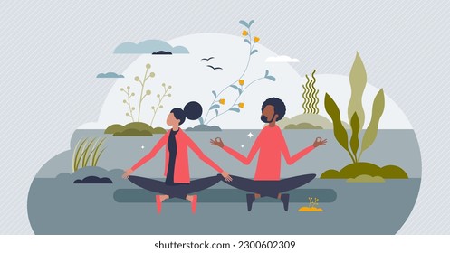 Meditation as process for peace, calm body and mind tiny person concept. Mindfulness practice for couples vector illustration. Emotional balance, spiritual health and mental serenity lifestyle.