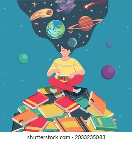 Meditación en la lectura sobre el planeta de los libros. Joven sentado en posición y lectura de loto, objetos cósmicos sobre el fondo, literatura de entretenimiento, concepto de dibujos vectoriales