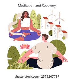 Meditation and recovery concept. Individuals practicing mindfulness amidst urban eco-friendly scenery. Inner peace and environment care merge. Vector illustration.