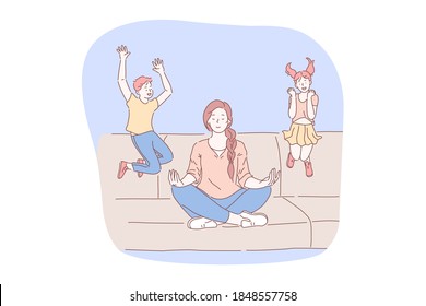 Meditation, relaxation during stress, concentration concept. Young woman mother sitting in lotus position with eyes closed and meditating with jumping and playing on sofa children at background