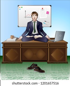 Meditation and relaxation in the office. A man meditates sitting on the office desk in the lotus position. Behind him is a white board with magnets and notes. On the table are documents, a mug 