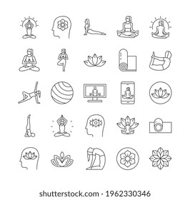 Meditation relaxation practice and yoga line icons collection. Relaxation, self knowledge, inner peace, inner concentration, spiritual practices. Set of black and white outline icons isolated on white