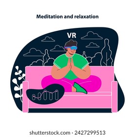 Meditación y relajación en RV. Ambientes virtuales tranquilos para mindfulness, alivio del estrés. Abraza la paz con meditación guiada de realidad virtual. Bienestar a través de experiencias de relajación inmersiva. Vector plano.