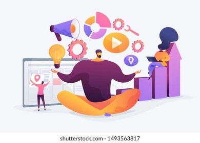 Meditation and relaxation at workplace exercise. Man in yoga position. Self-management, self regulation learning, self-organization course concept. Vector isolated concept creative illustration