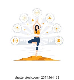 Meditation, relaxation, yoga, mindfulness, inner peace. Serene calm woman enjoying meditation in nature while her eyes closed, breathing exercises with hands in zen gesture concept illustration