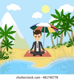 Meditation and relaxing. Businessman sitting in a lotus pose on the beach with palms and ocean. Concept of freelancing.