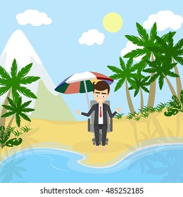 Meditation and relaxing. Businessman sitting in a lotus pose on the beach with palms and ocean. Concept of freelancing.