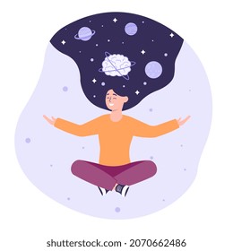 Meditation for relaxing mind and brain concept. Woman sits in lotus position and improves her psychological and emotional state. Energy recovery. Mental health. Cartoon flat vector illustration