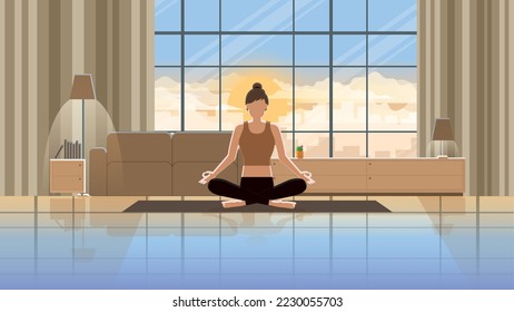 Meditation and relaxing time at home living room. A calm woman sits and meditates on the yoga mat. Practicing mind exercises of Mindfulness, discipline, knowing breath, peace and relieving stress.