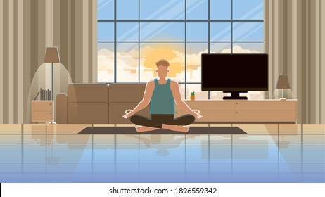 Meditación y tiempo de relajación en casa. El hombre se sienta con las piernas cruzadas en el suelo y practica la meditación. Ejercicio de la mente práctica de la Mentalidad, la disciplina, el saber aliento, la paz y aliviar el estrés