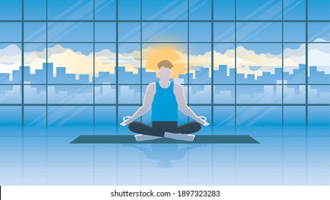 Meditation and relaxing time. The man sits with his legs crossed on the floor and practices meditating. Practicing mind exercise of Mindfulness, discipline, knowing breath, peace, and relieve stress