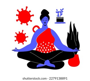 Meditation and resistance to viruses - colorful flat design style illustration with linear elements. Red and blue composition with happy woman in lotus position. Good immunity and mindfulness idea