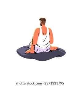 Meditation in retreat back view. Man sitting in yoga asana, pose on pillow. Guy rest, relax, clear his mind. Person care about mental wellness, body. Flat isolated vector illustration on white