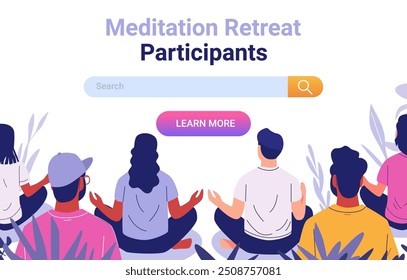 Meditation retreat participants sitting in lotus position diverse group meditating plants around colorful design website banner