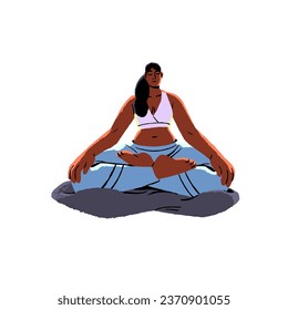 Meditation in retreat. Woman sitting in yoga asana on pillow. Girl do breath training, rest in lotus pose. Person care about mental wellness, do fitness. Flat isolated vector illustration on white