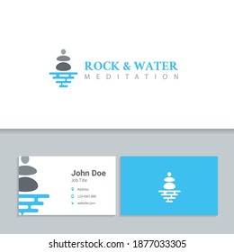 Meditation rock and water logo company, logo vector template design with business card preview. Ready to use, easy for edit. 