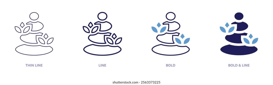 Meditation routines icon in 4 different styles. Thin Line, Line, Bold, and Bold Line. Duotone style. Editable stroke.