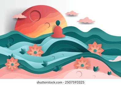Meditation scene with sunset and flowers colorful landscape with waves and clouds papercut style