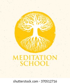 Meditation School Creative Vector Concept On Natural Paper Background. Old Tree With Roots Illustration