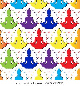 Meditation seamless pattern with human Buddah silhouette in lotus pose with chakras colors