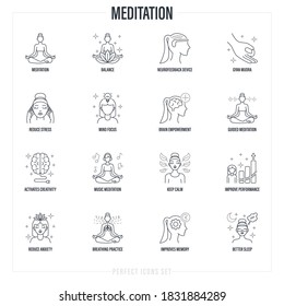 Meditation set: girl in lotus pose, neurofeedback device, gyan mudra, balance, reduce stress, guided meditation, breathing practice, mind focus, better sleep. Thin line icons. Vector illustration.