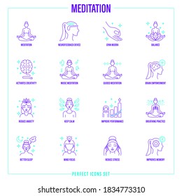 Medikationssatz: Mädchen in Lotus-Pose, Neurofeedback-Gerät, gynäkische Mudra, Gleichgewicht, reduzieren Stress, geführte Meditation, Atemübungen, Bewusstseinsfokus, Konzentration. Leuchtzeilensymbole. Vektorgrafik.