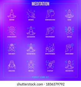 Meditation Set: Girl In Lotus Pose, Neurofeedback Device, Gyan Mudra, Balance, Reduce Stress, Guided Meditation, Breathing Practice, Better Sleep, Improves Memory. Thin Line Icons. Vector Illustration