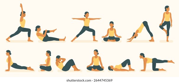 Ícone do conjunto de meditação. Mulher em posição sentada calma com postura fechada, costas retas, braços sobre joelhos. Pose para concentração, respiração, relaxamento, equilíbrio interno, consciência.