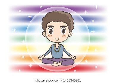 Meditation in Seven chakras color - Man of opened eyes pose