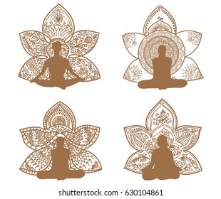 Meditation silhouette with lotus patterns of tattoo henna. Yoga set for design on white background.