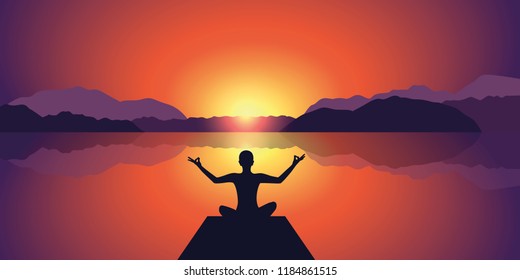 meditation silhouette peaceful sunset at lake and mountains background vector illustration EPS10