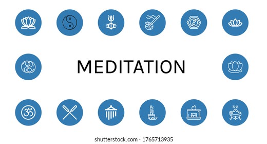 Meditation Simple Icons Set. Contains Such Icons As Lotus Flower, Ying Yang, Shiva, Incense, Yin Yang, Om, Acupuncture, Wind Chimes, Aromatic Candle, Can Be Used For Web, Mobile And Logo