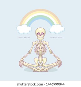 Meditation Skeleton under rainbow vector illustration for t-shirt, postcard, web design