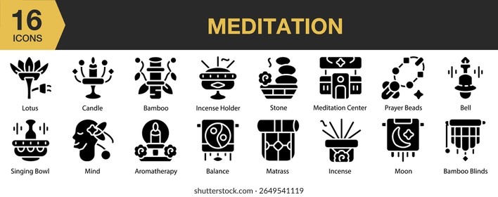 Conjunto de ícone sólido de meditação. Inclui meditação, equilíbrio, relaxamento, bem-estar, ioga e muito mais. Coleção vetorial de ícones sólidos.
