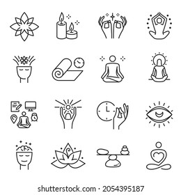 Meditation spiritual monochrome line icon set vector illustration. Collection yoga practice relaxation, peace, self knowledge, mindfulness, tranquility, balance, harmony, concentration isolated