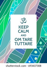 Meditation and spiritual practice Buddhist mantra motivational typography poster on colorful background with zentangle indian pattern. Yoga and wellness studio poster or postcard.
