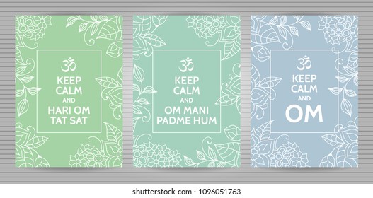 Meditation and spiritual practice Hindu and Buddhist mantras motivational typography posters on soft blue, green and turquoise background with floral pattern. Set of yoga studio postcards.