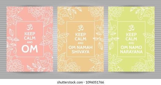 Meditation and spiritual practice Hindu and Buddhist mantras motivational typography posters on soft pink, orange and yellow background with floral pattern. Set of yoga studio postcards.