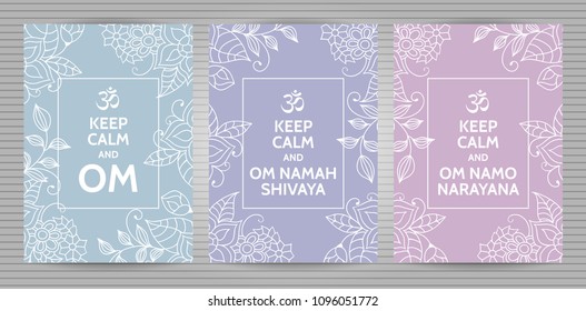 Meditation and spiritual practice Hindu and Buddhist mantras motivational typography posters on soft blue,  purple and pink background with floral pattern. Set of yoga studio postcards.