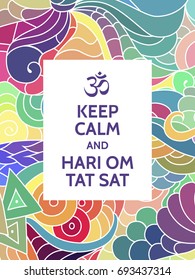 Meditation and spiritual practice Hindu or Buddhist mantra motivational typography poster on colorful background with zentangle indian pattern. Yoga and wellness studio poster or postcard.
