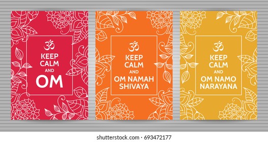 Meditation And Spiritual Practice Hindu And Buddhist Mantras Motivational Typography Posters On Colorful Red, Orange And Yellow Background With Floral Pattern. 