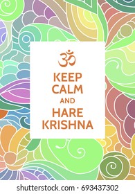 Meditation and spiritual practice Krishnaism mantra motivational typography poster on colorful background with zentangle indian pattern. Eastern religious poster or postcard.

