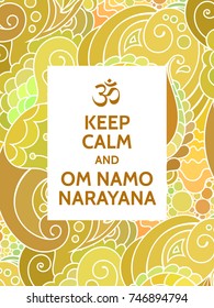 Meditation and spiritual practice mantra motivational typography poster on colorful background with zentangle indian pattern. Yoga and wellness studio postcard or wallpaper.