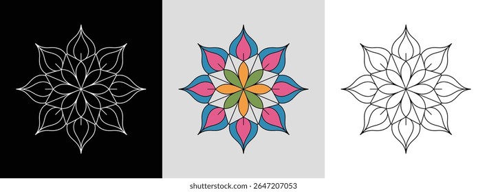 Mandala de lótus estrela de meditação com pontos e tons vibrantes para arte decorativa serena.