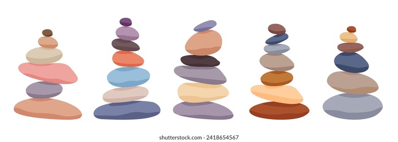 Pirámide de equilibrio de piedra meditación conjunto de ilustración vectorial. Colección de objetos en colores pastel de guijarros apilados aislados en fondo blanco.