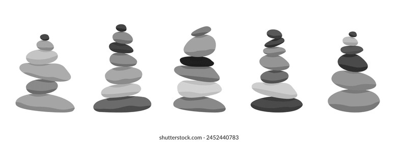 Meditation stone balance pyramid set vector illustration. Stacked pebbles black grey colors object collection isolated on white background.